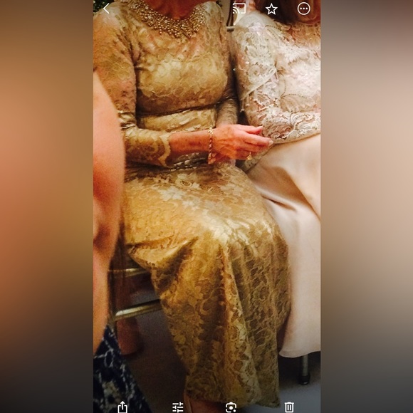 TERI JON GOLD LACE OVERLAY DRESS WITH BEADED NECKLINE - Picture 6 of 6